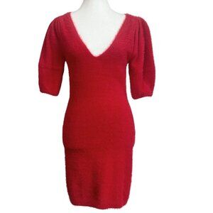 L'ACADEMIE RED FUZZY V-NECK SHORT SLEEVE STRETCH BODYCON DRESS - XS